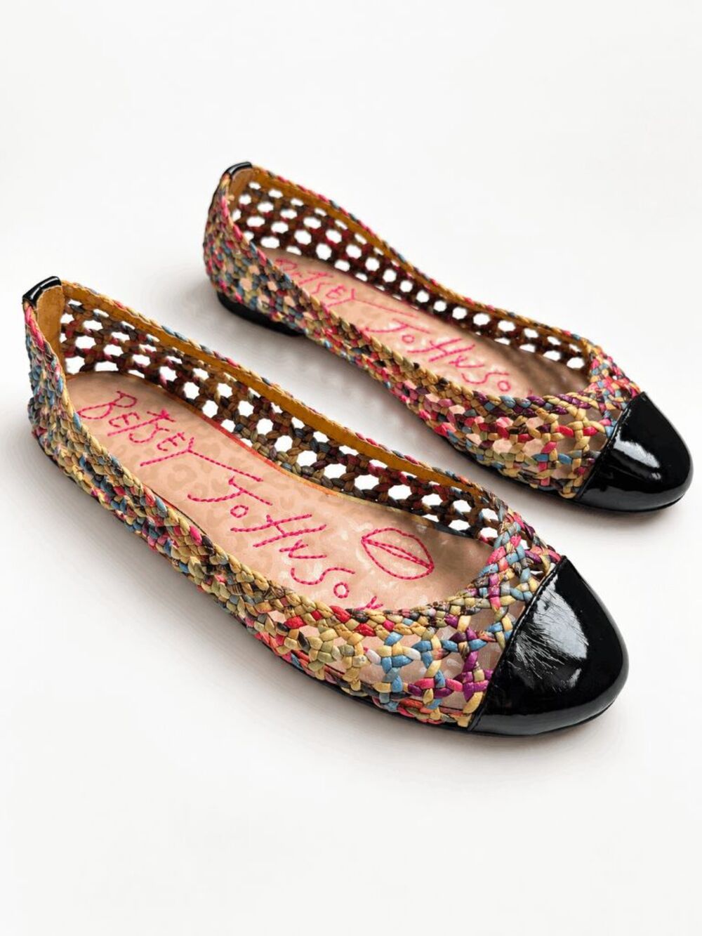 Betsey Johnson Shine Woven Ballet Flats 7.5 Y2K Boho Colorful Patent Cap Toe